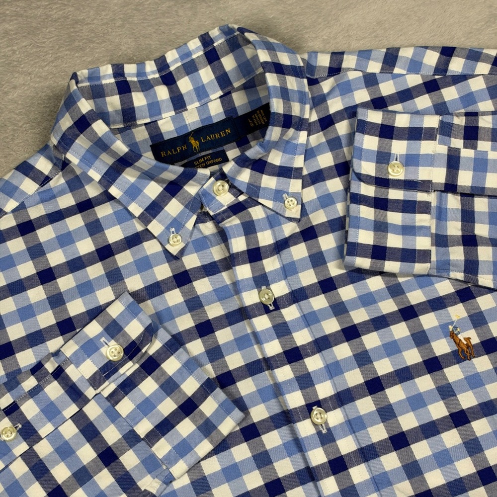 Ralph Lauren Button Down Mens L Blue Gingham Slim Fit Stretch Oxford 13800
